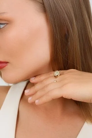 14 Ayar Altın Taşlı Jaguar Yüzük Resim 1